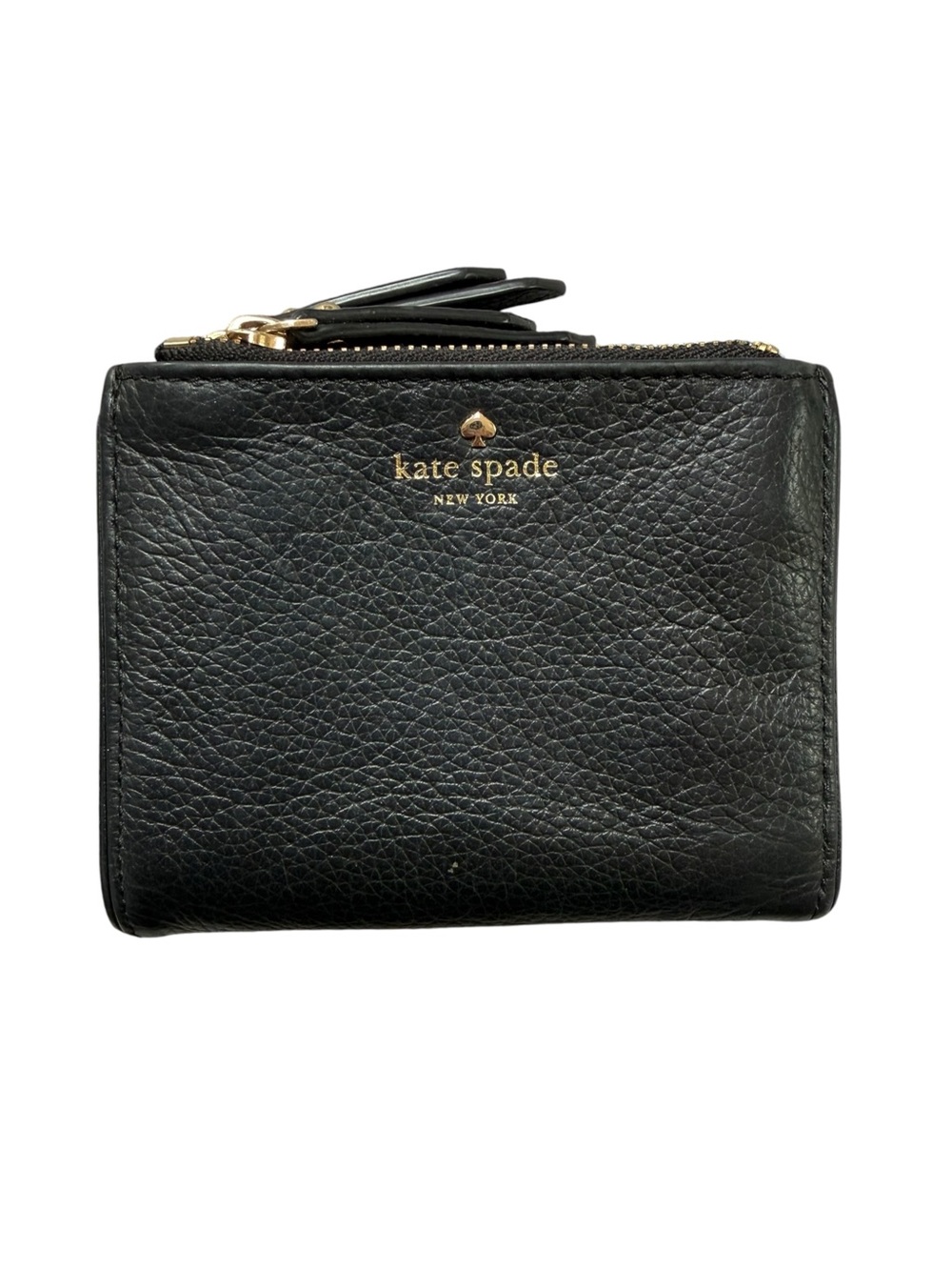 kate spade Signature Black Leather Bi-Fold Zip Compact Wallet 4.5” x 4”